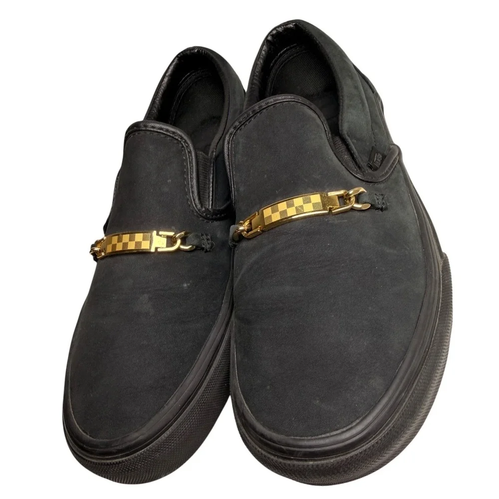 Vans Classic Slip On Black Gold Checkerboard Hardware Womens 7.5